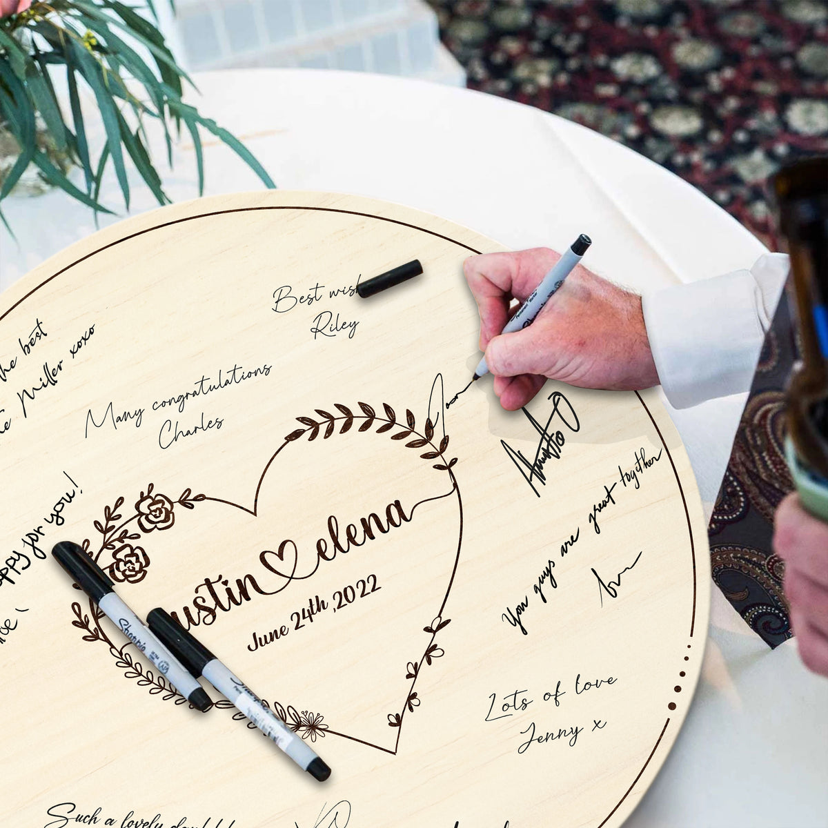 Memate Wedding Guestbook Alternative, Wedding Guest Books Personalized Family Name and Wedding Date, Heart Wooden Wedding Sign Board for Signature, Rustic Round Wooden Wedding Sign