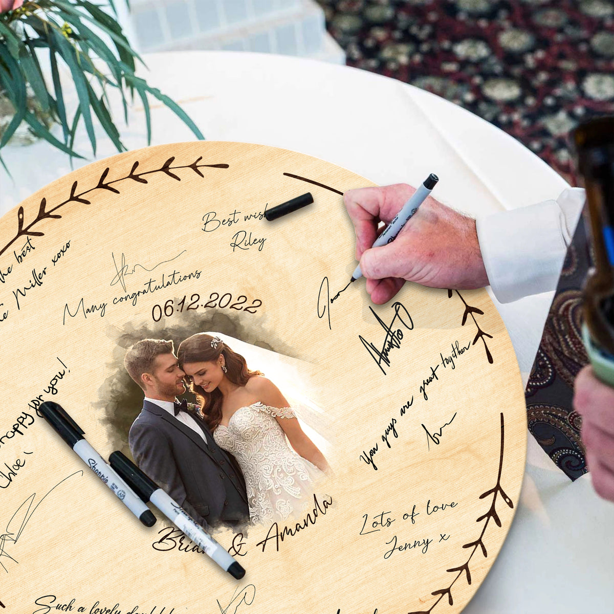Memate Wedding Guestbook Alternative, Wedding Guest Books Personalized Couple Photo, Family Name and Wedding Date, Wooden Wedding Sign Board for Signature, Rustic Round Wooden Wedding Sign