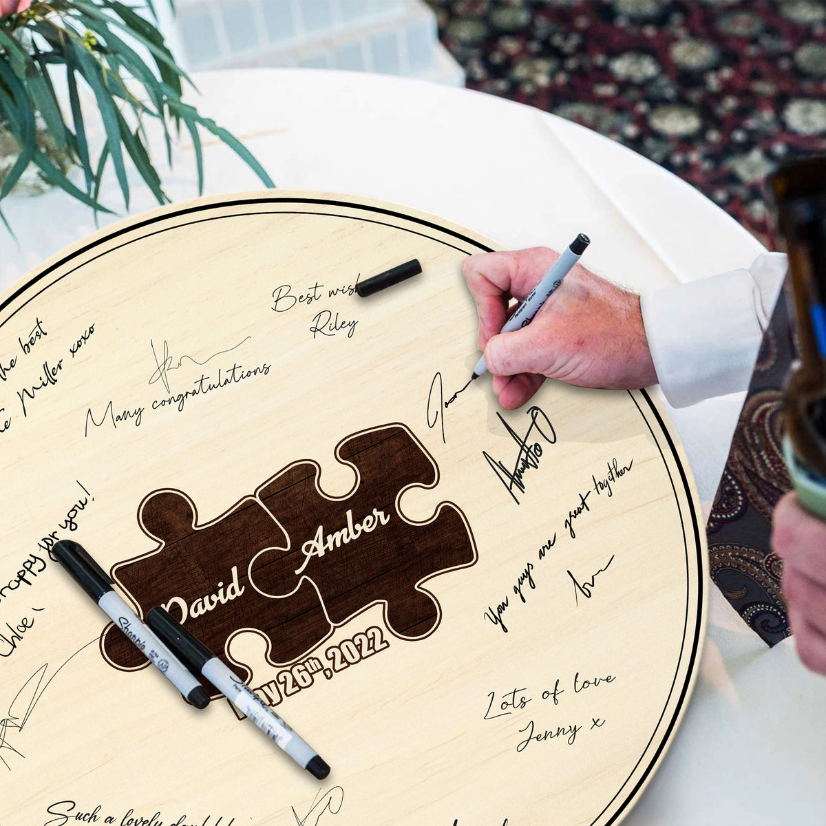 Memate Wedding Guestbook Alternative, Wedding Guest Books Personalized Family Name and Wedding Date, 2 Pieces Wooden Wedding Sign Board for Signature, Rustic Round Wooden Wedding Signs