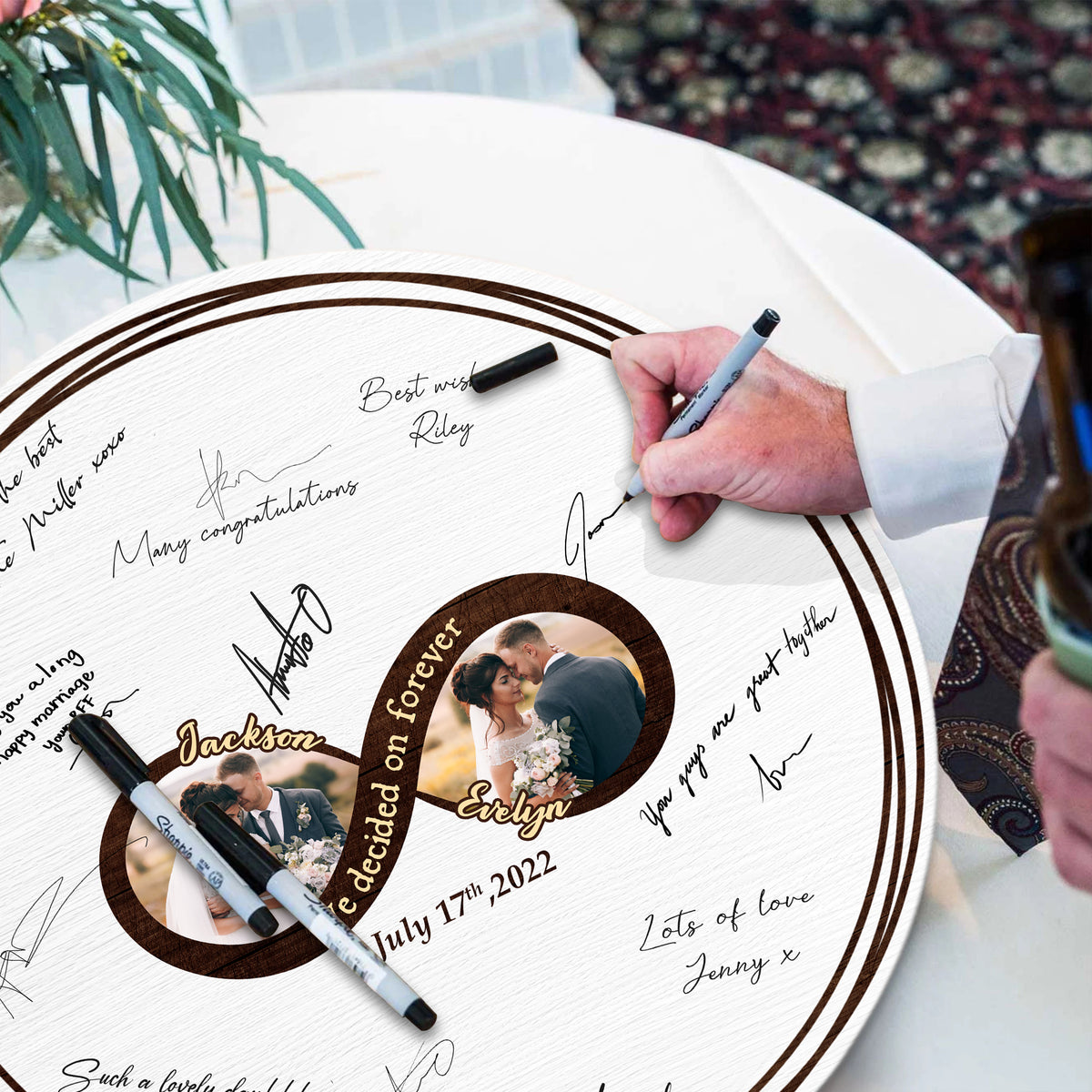 Memate Wedding Guestbook Alternative, Wedding Guest Books Personalized Photo Family Name and Wedding Date, Wooden Wedding Sign Board for Signature, Rustic Round Wooden Wedding Signs