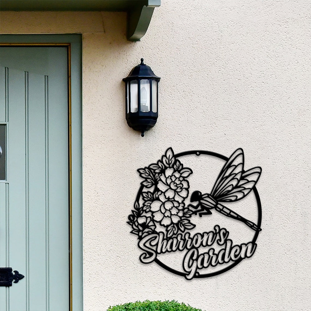 MeMate Personalized Metal Sign, Custom Garden Metal Signs Outdoor Décor, 8" - 24" Garden Signs Metal, Dragonfly Sign, Dragonfly Flowers Garden Signs to Personalize, Shed Shed Sign, Rustic Plaque