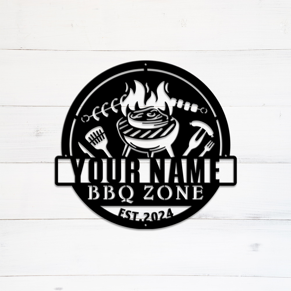 MeMate BBQ Zone Signs, Grill BBQ Signs to Personalize, Personalized Barbecue Metal Signs Kitchen Decor, Custom Name Outdoor Plaques for Backyard, Patio, Porch, Deck