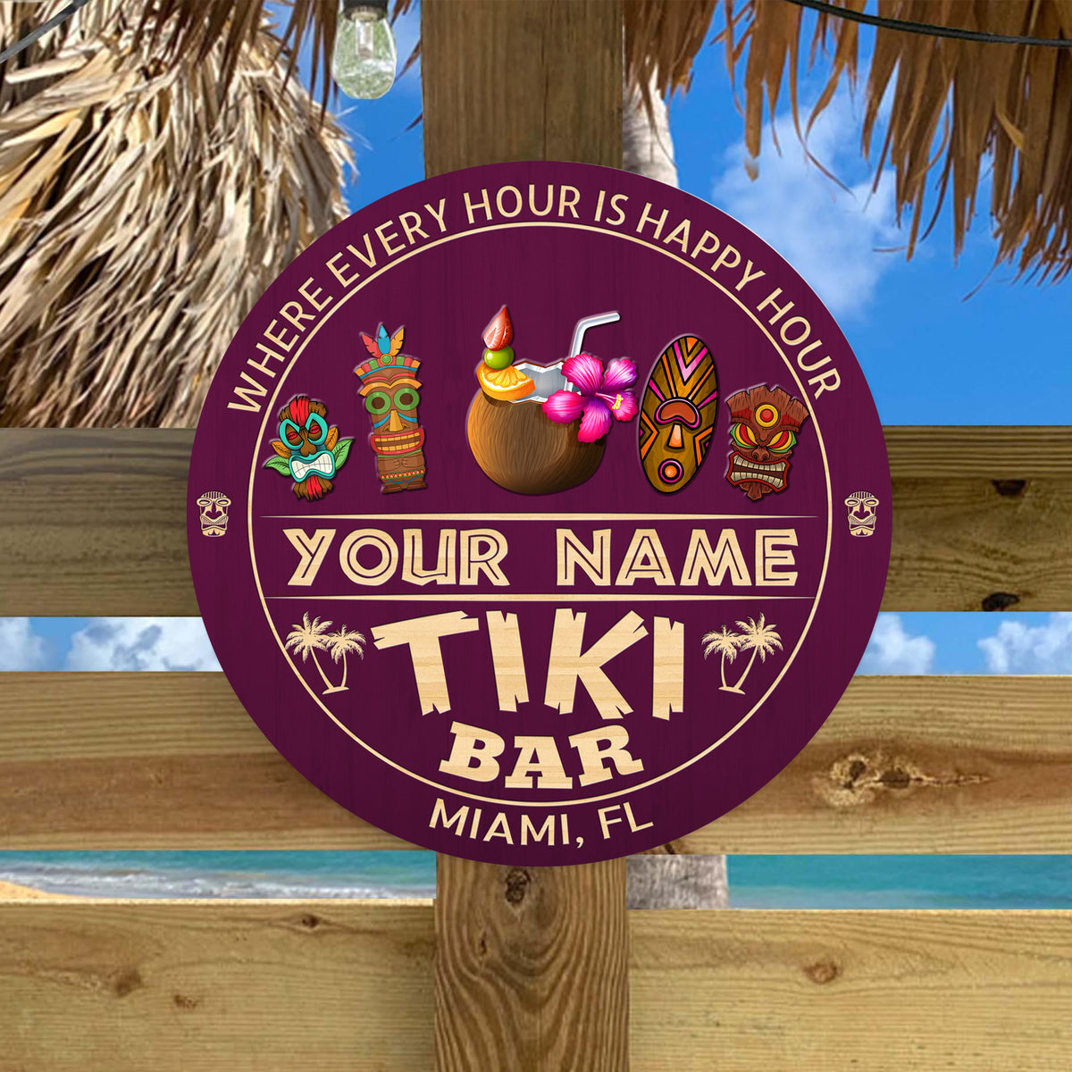 MeMate Custom Tiki Bar Sign - Personalized Wooden Name Sign for Tiki Lounge, Backyard, Patio, Beach Bar, Party Decors - Vintage Rustic Round Printed Wood Signs Wall Hanging Decorative