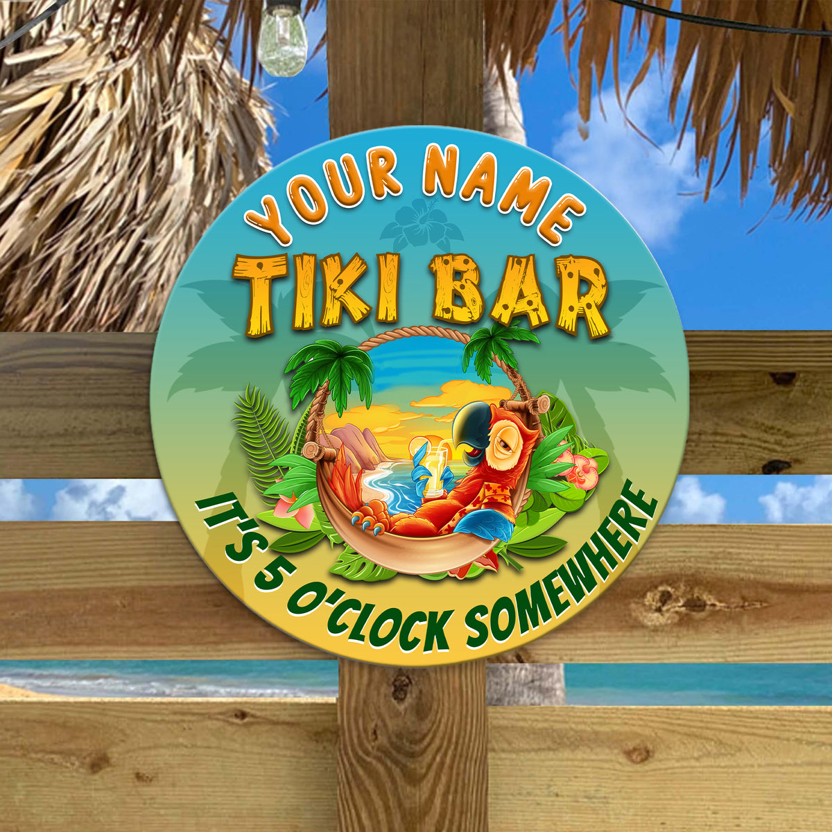 MeMate Custom Tiki Bar Sign – Personalized Wooden Name Sign for Backyard, Patio, Tiki Lounge, Beach Bar, Party Decors – Parrot Tropical Rustic Round Printed Wood Signs Wall Hanging Decorative