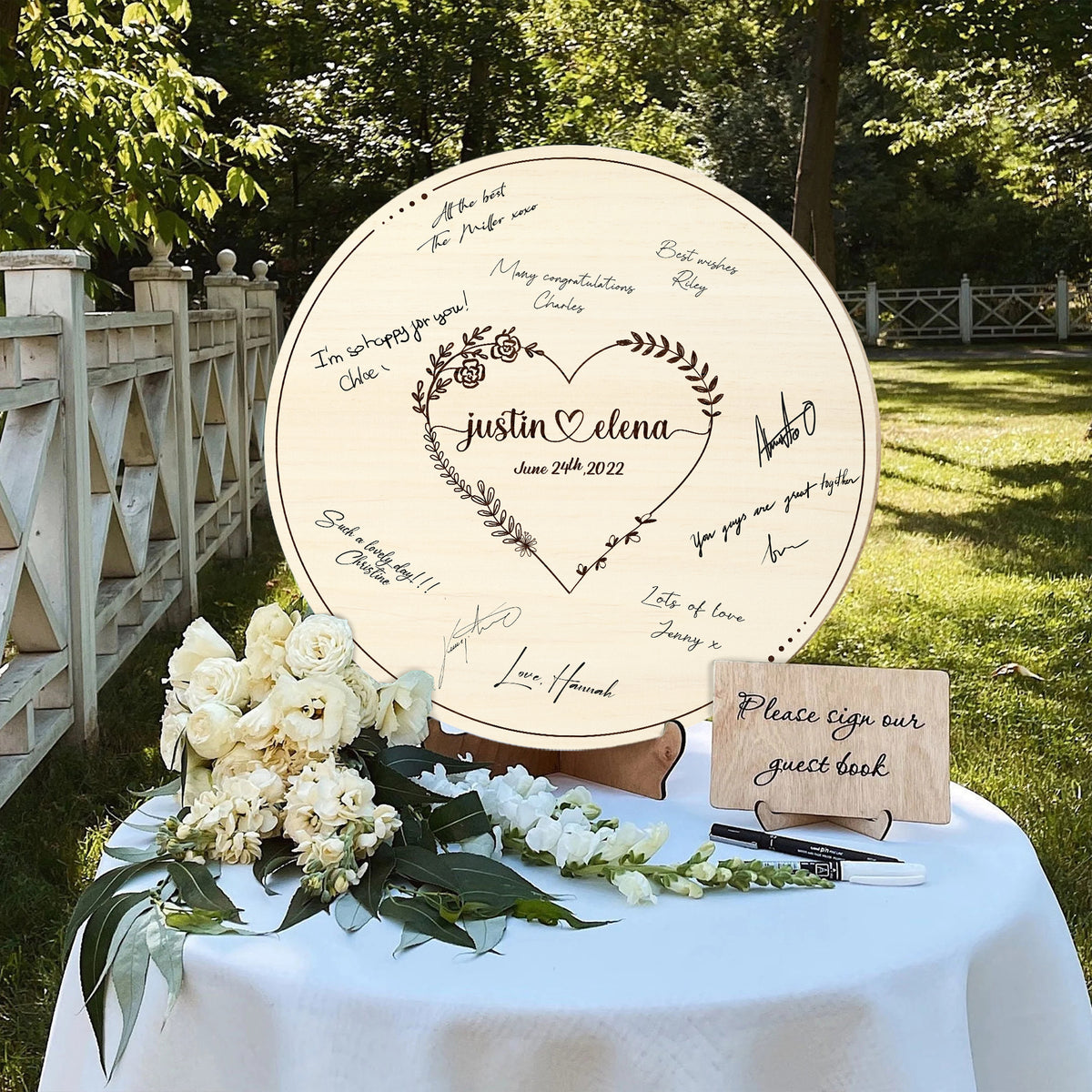 Memate Wedding Guestbook Alternative, Wedding Guest Books Personalized Family Name and Wedding Date, Heart Wooden Wedding Sign Board for Signature, Rustic Round Wooden Wedding Sign