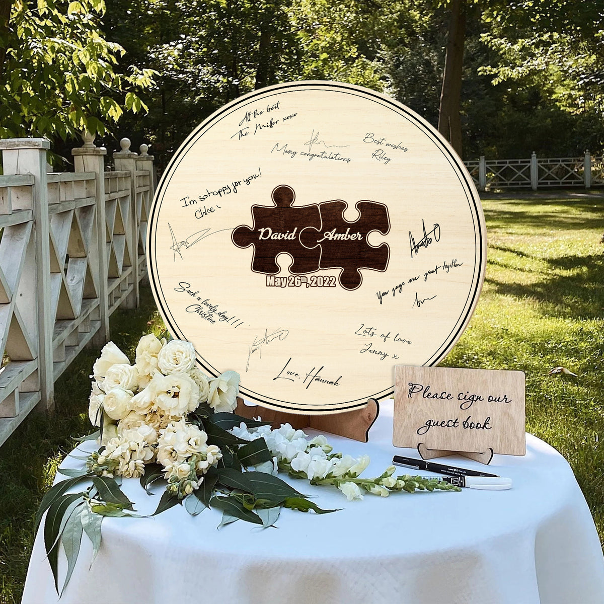 Memate Wedding Guestbook Alternative, Wedding Guest Books Personalized Family Name and Wedding Date, 2 Pieces Wooden Wedding Sign Board for Signature, Rustic Round Wooden Wedding Signs