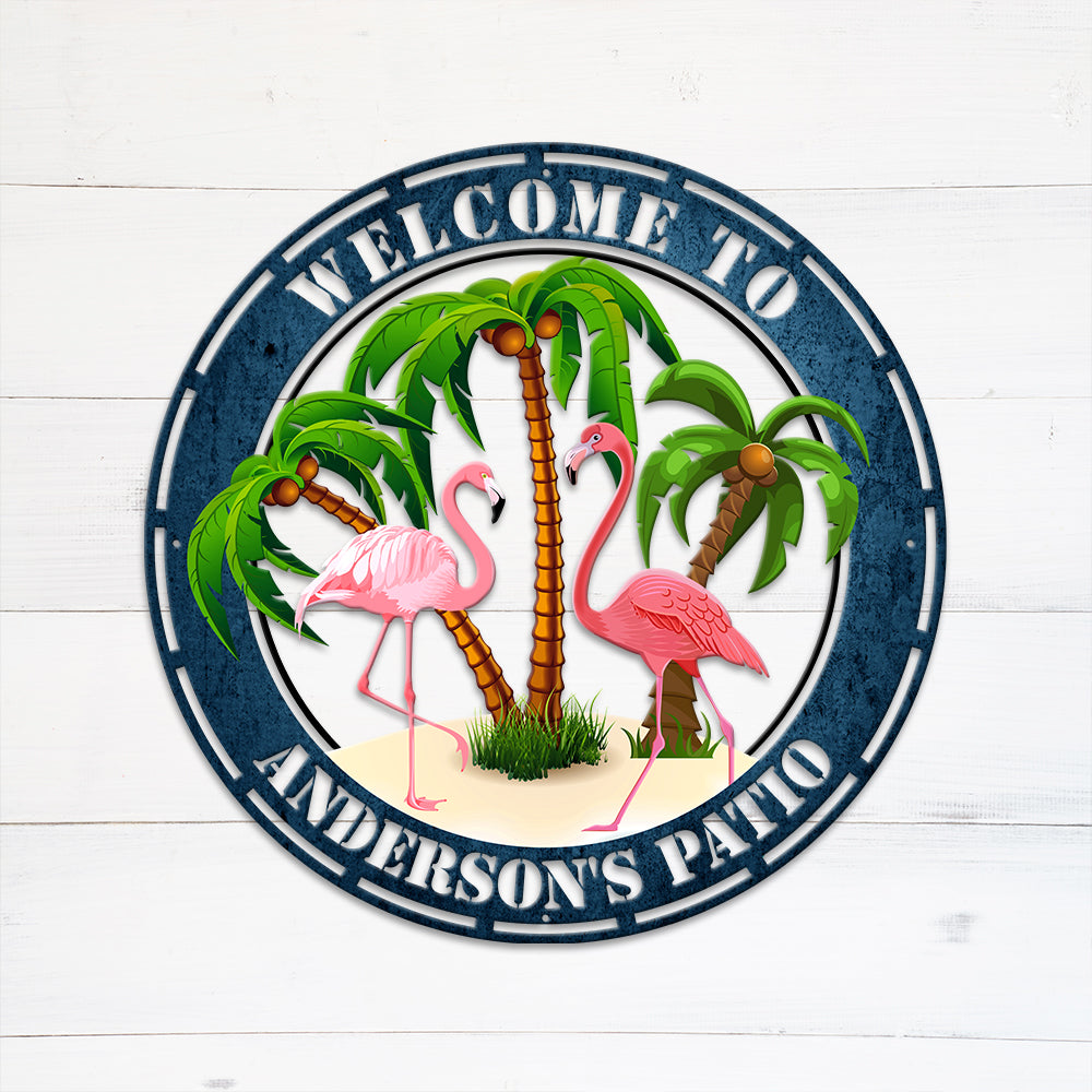 MeMate Flamingo Sign Metal, Flamingo Lounge Decor, Outdoor Décor for Backyard, Patio, Pool, Kitchen, Lounge, Personalized Name Outdoor Sign, Pink Flamingo Metal Sign Housewarming Gift for Family Friend