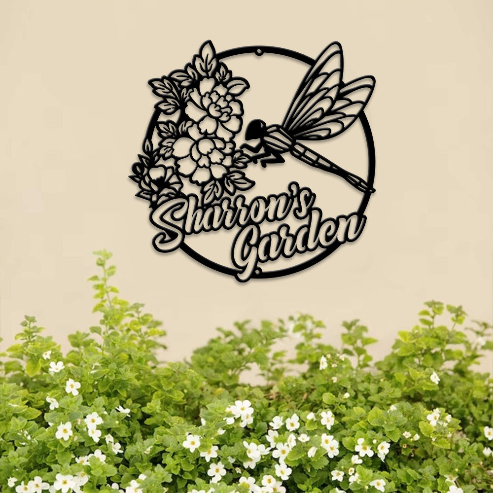 MeMate Personalized Metal Sign, Custom Garden Metal Signs Outdoor Décor, 8" - 24" Garden Signs Metal, Dragonfly Sign, Dragonfly Flowers Garden Signs to Personalize, Shed Shed Sign, Rustic Plaque