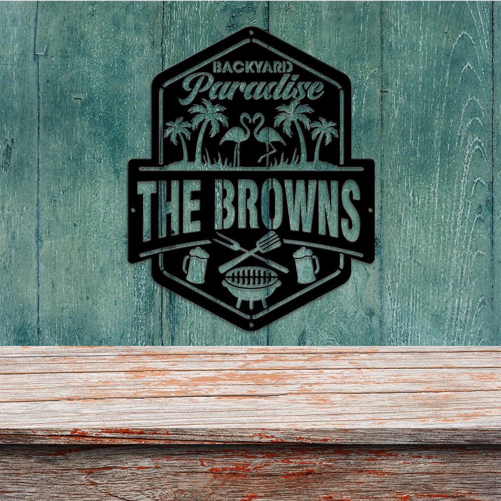 MeMate Backyard Paradise Sign, Bar & Grill Sign Outdoor Decor, Personalized Name Metal Sign for Backyard, Custom Name Signs for Backyard, Large Metal Sign for Outside, Housewarming Gifts
