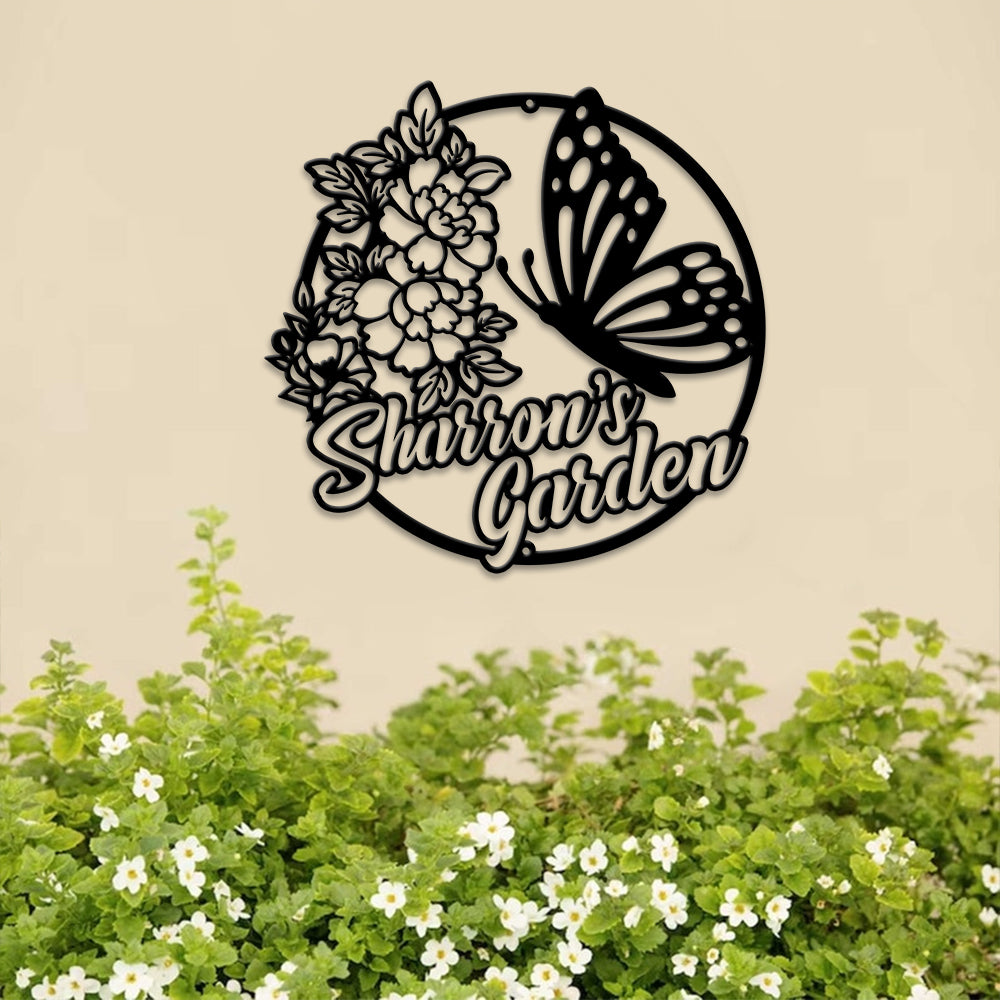MeMate Personalized Metal Sign, Custom Garden Metal Signs Outdoor Décor, 8" - 24" Large Garden Signs Metal, Butterfly Sign, Butterfly Flowers Garden Signs to Personalize, Shed Shed Sign