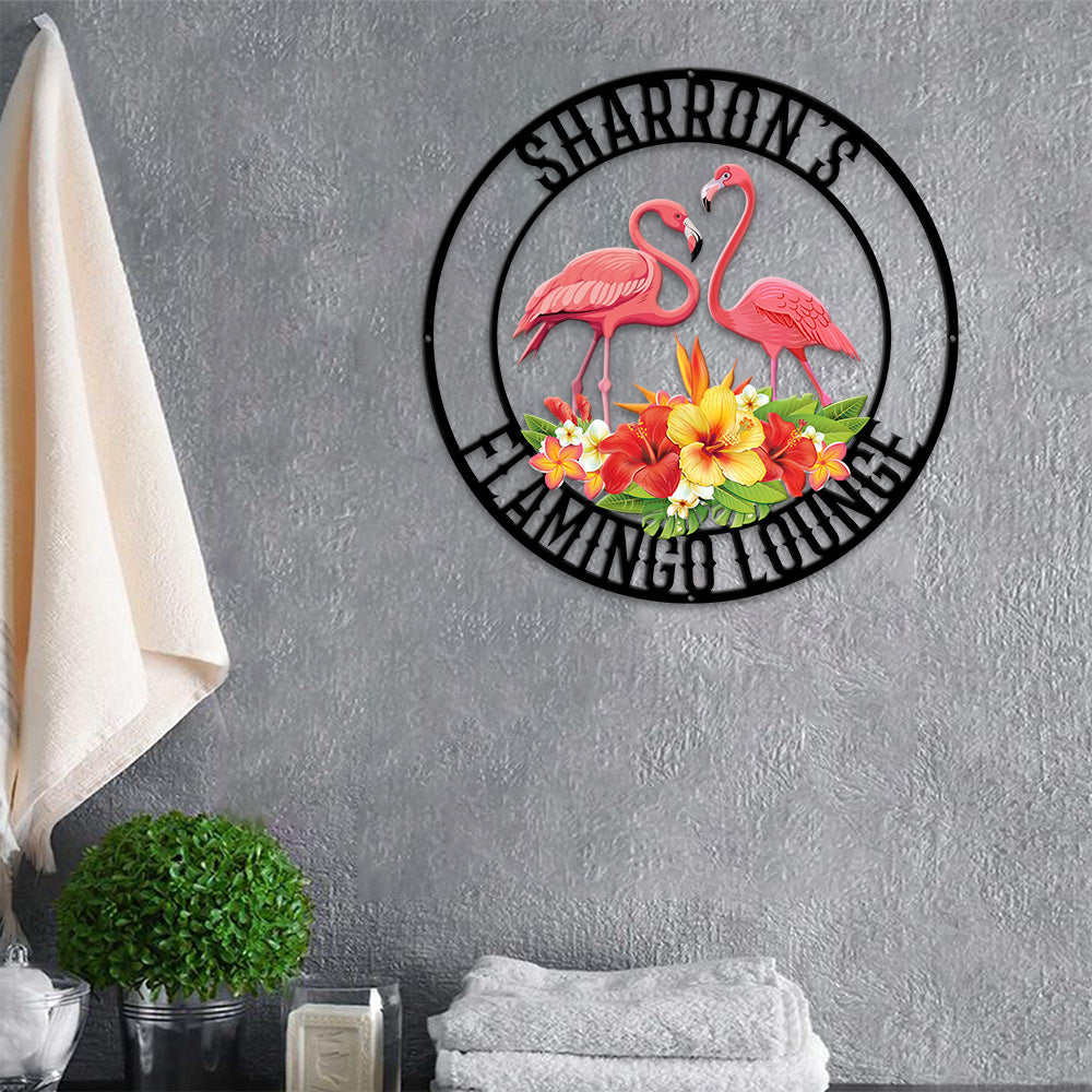 MeMate Flamingo Lounge Signs, Flamingo House Metal Sign, Personalized Flamingo Tropical Sign, Flamingo House Outdoor Décor, Flamingo Metal Sign Housewarming Gift for Family Friend