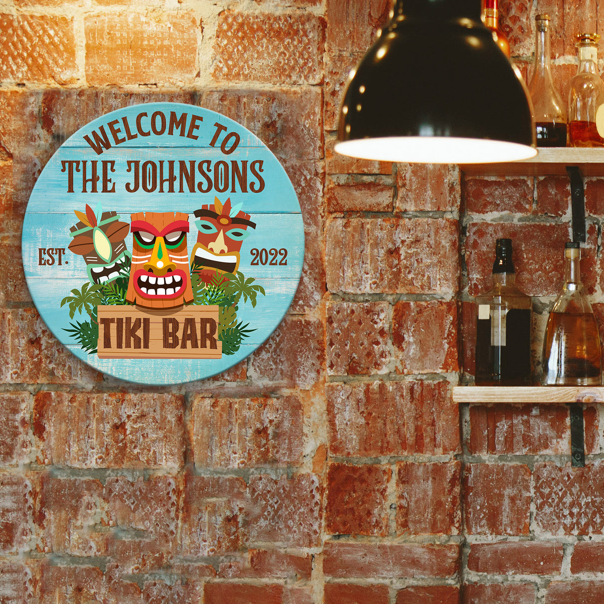 MeMate Tiki Bar Sign – Personalized Wooden Name Sign for Backyard, Patio, Tiki Lounge Decors, Beach Bar, Party Decorations – Custom Name Rustic Round Printed Wood Signs Wall Hanging Decorative