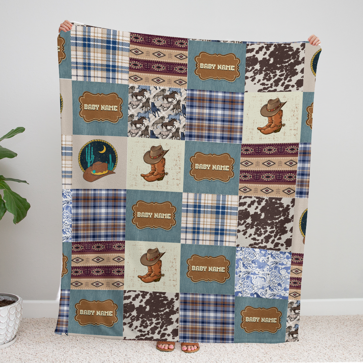 Baby Western Blankets, Cowboy Baby Blankets, Personalized Western Plaid Baby Blankets for Boys Girls, Baby Boy Stuff, Custom Baby Blankets Name Fleece Blankets for Infant Newborn Son Daughter