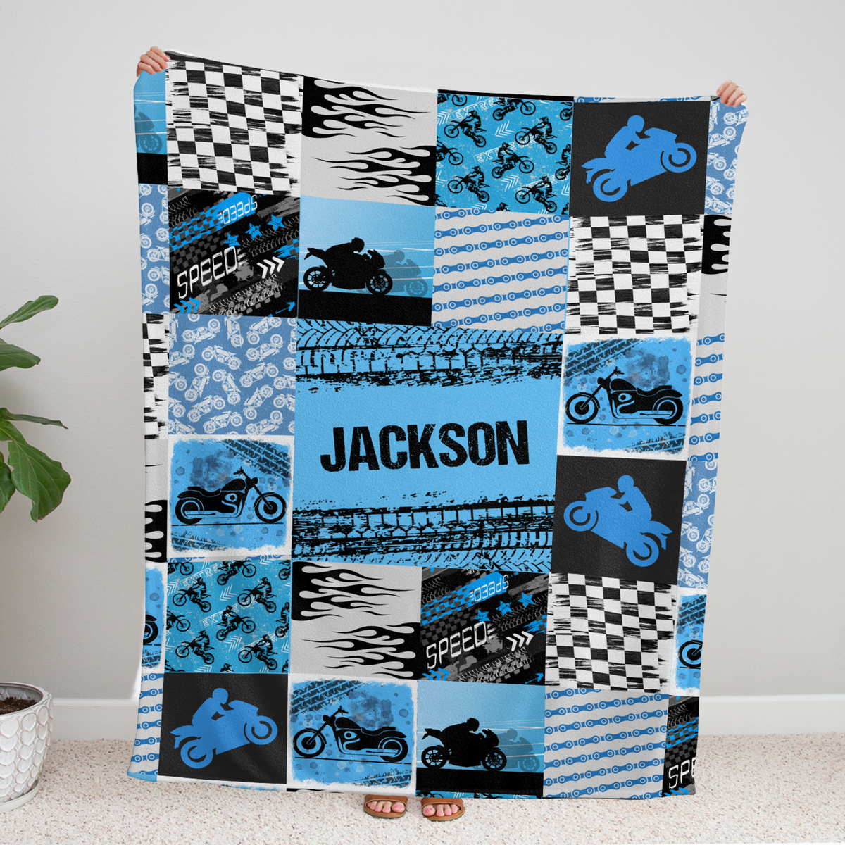 Baby Motorcycle Blanket, Motorcycle Baby Blankets, Personalized Baby Blankets for Boys, Custom Baby Blankets Name, Motorcycling Swaddle Blanket, Blue Plush Blankets for Baby Girl Son Toddlers Kids