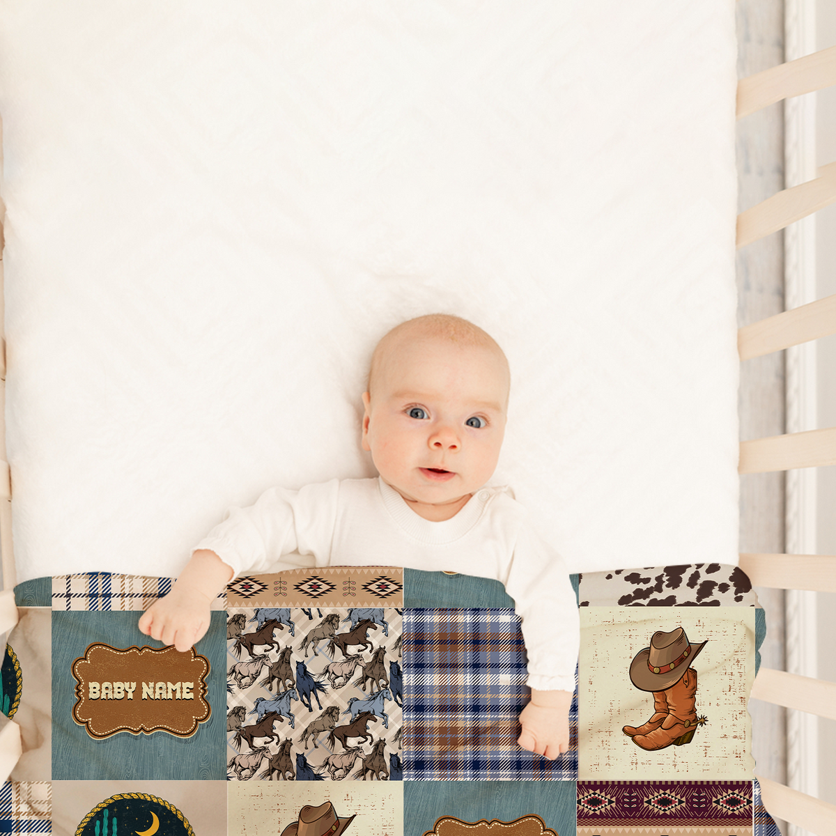 Baby Western Blankets, Cowboy Baby Blankets, Personalized Western Plaid Baby Blankets for Boys Girls, Baby Boy Stuff, Custom Baby Blankets Name Fleece Blankets for Infant Newborn Son Daughter