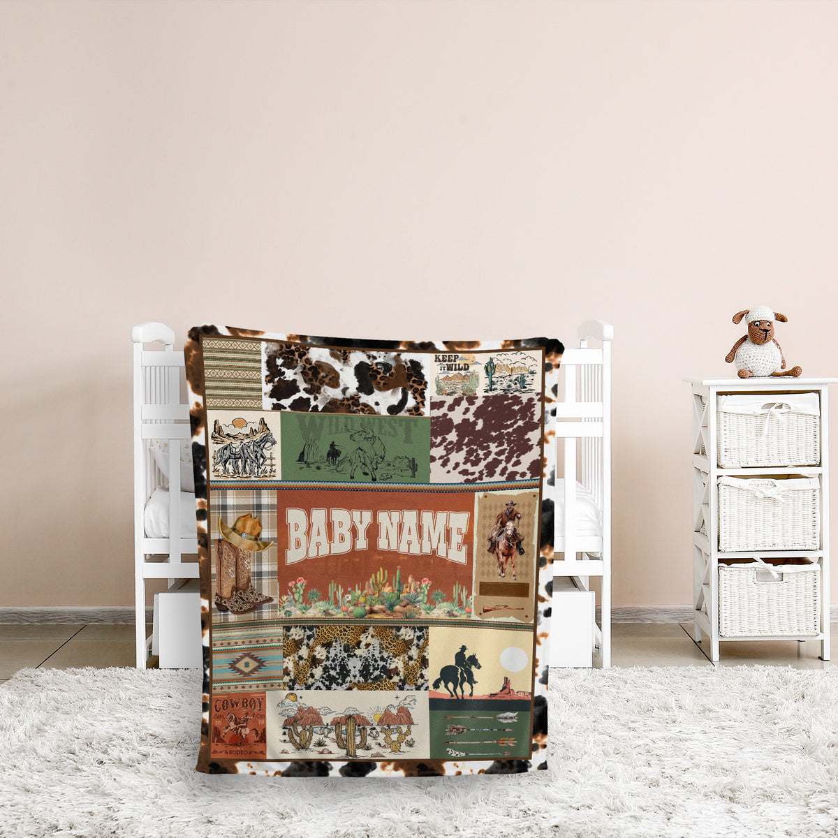 Baby Western Stuffs, Western Baby Blanket, Personalized Baby Blankets for Boys Girls, Cowboy Baby Blanket Name, Custom Name Baby Blankets, Swaddle Blanket with Cow Prints for Crib Stroller Bed Travel