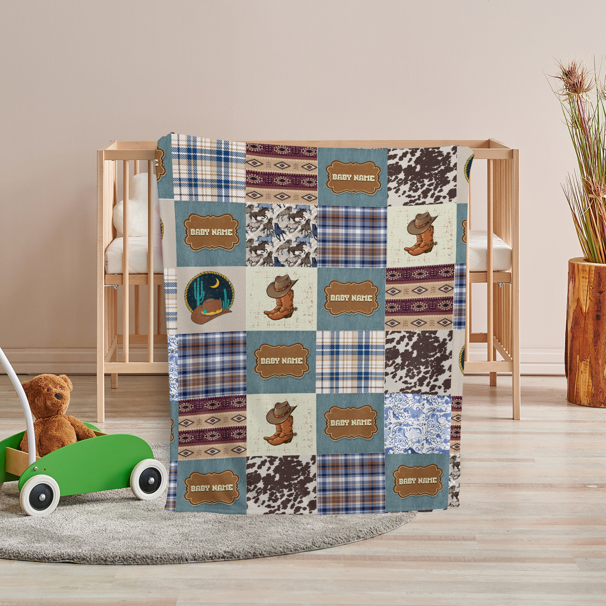 Baby Western Blankets, Cowboy Baby Blankets, Personalized Western Plaid Baby Blankets for Boys Girls, Baby Boy Stuff, Custom Baby Blankets Name Fleece Blankets for Infant Newborn Son Daughter