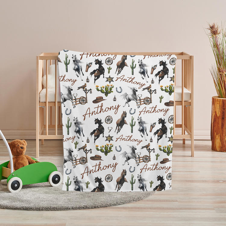 Baby Western Blankets, Cowboy Baby Blankets, Personalized Horse Cactus Baby Blankets for Boys Girls, Baby Boy Stuff, Custom Baby Blankets Name Fleece Blankets for Infant Newborn Son Daughter