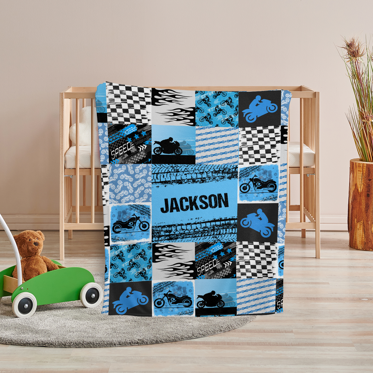 Baby Motorcycle Blanket, Motorcycle Baby Blankets, Personalized Baby Blankets for Boys, Custom Baby Blankets Name, Motorcycling Swaddle Blanket, Blue Plush Blankets for Baby Girl Son Toddlers Kids