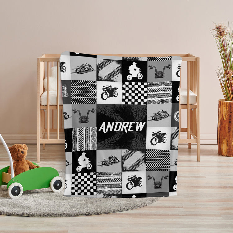 Motorcycle Baby Blankets, Baby Motorcycle Blanket, Personalized Baby Blankets for Boys, Custom Baby Blankets Name, Motorcycling Swaddle Blanket, Black Plush Blankets for Baby Girl Son Toddlers Kids…