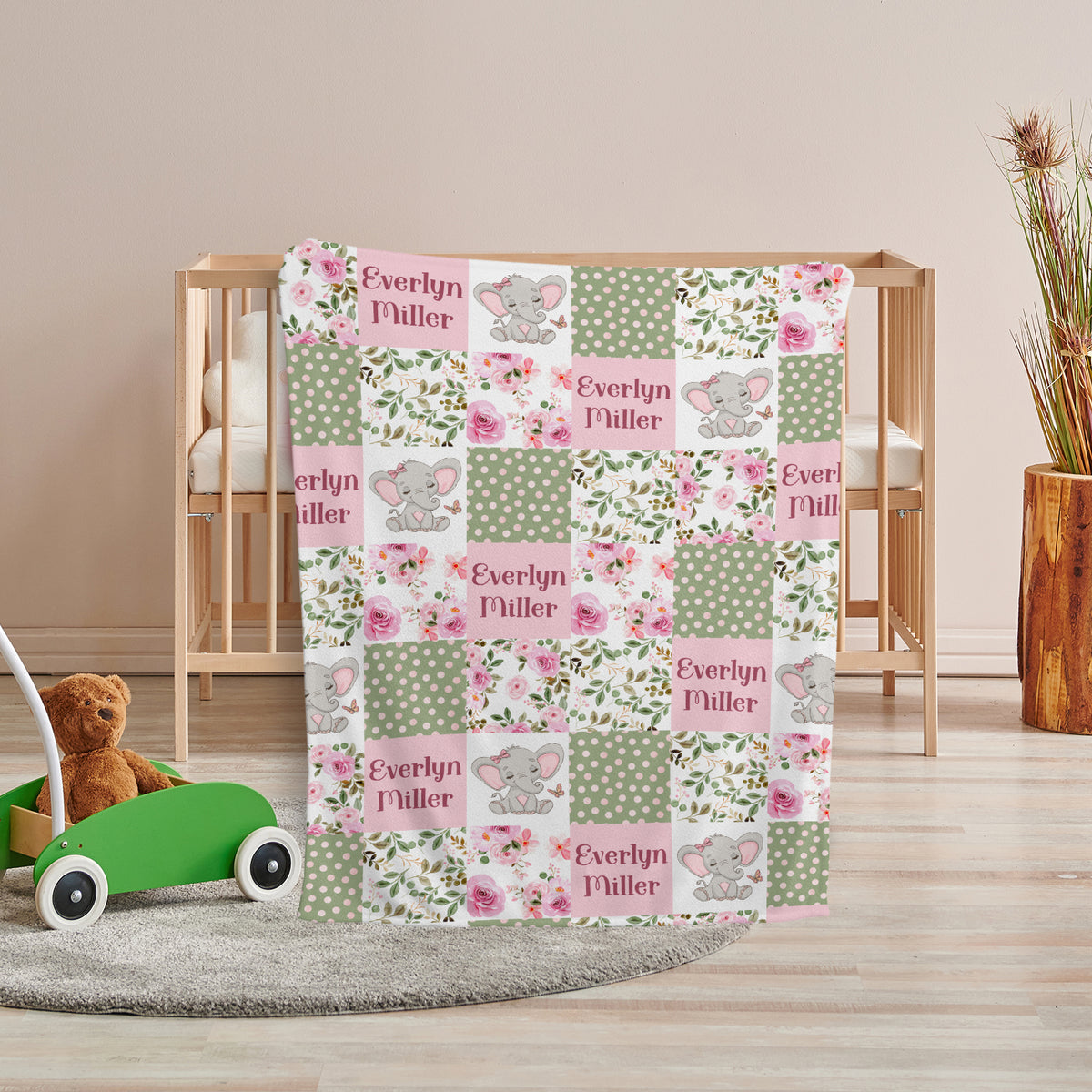 Elephant Baby Blankets, Personalized Baby Blankets for Girls, Baby Girl Swaddle Blanket, Custom Baby Elephant Blanket with Pink Flowers, Plush Blankets for Newborn Infant Daughter Granddaughter