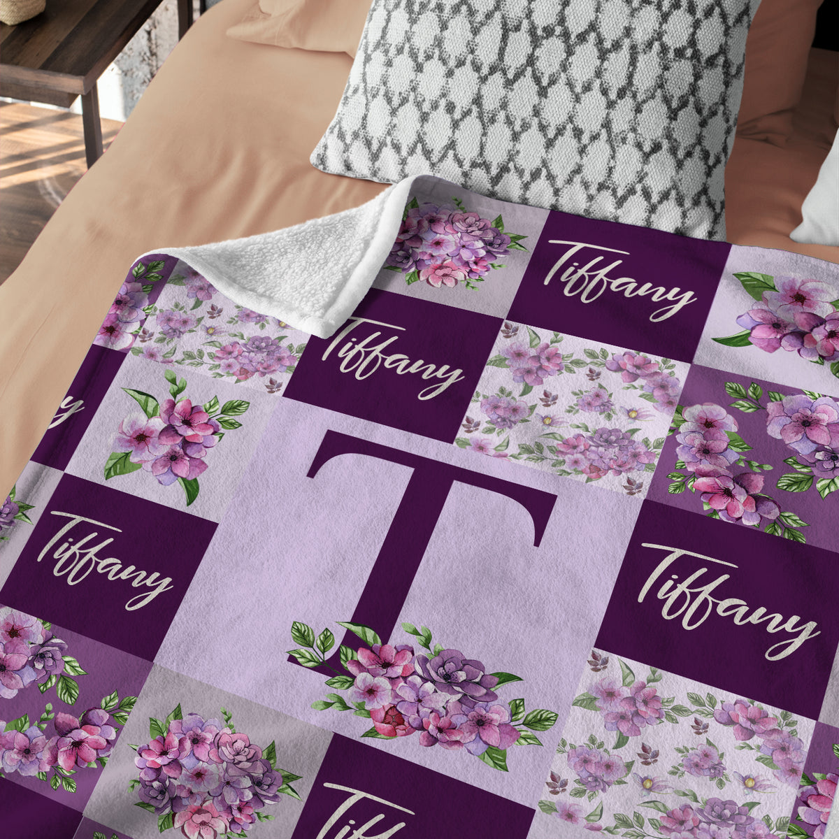 Purple Baby Blankets, Floral Baby Blankets Monogrammed, Personalized Baby Blankets, Custom Blanket with Name for Baby Girl, Flowers Fleece Blanket for Girls, Plush Blanket for Daughter Kids