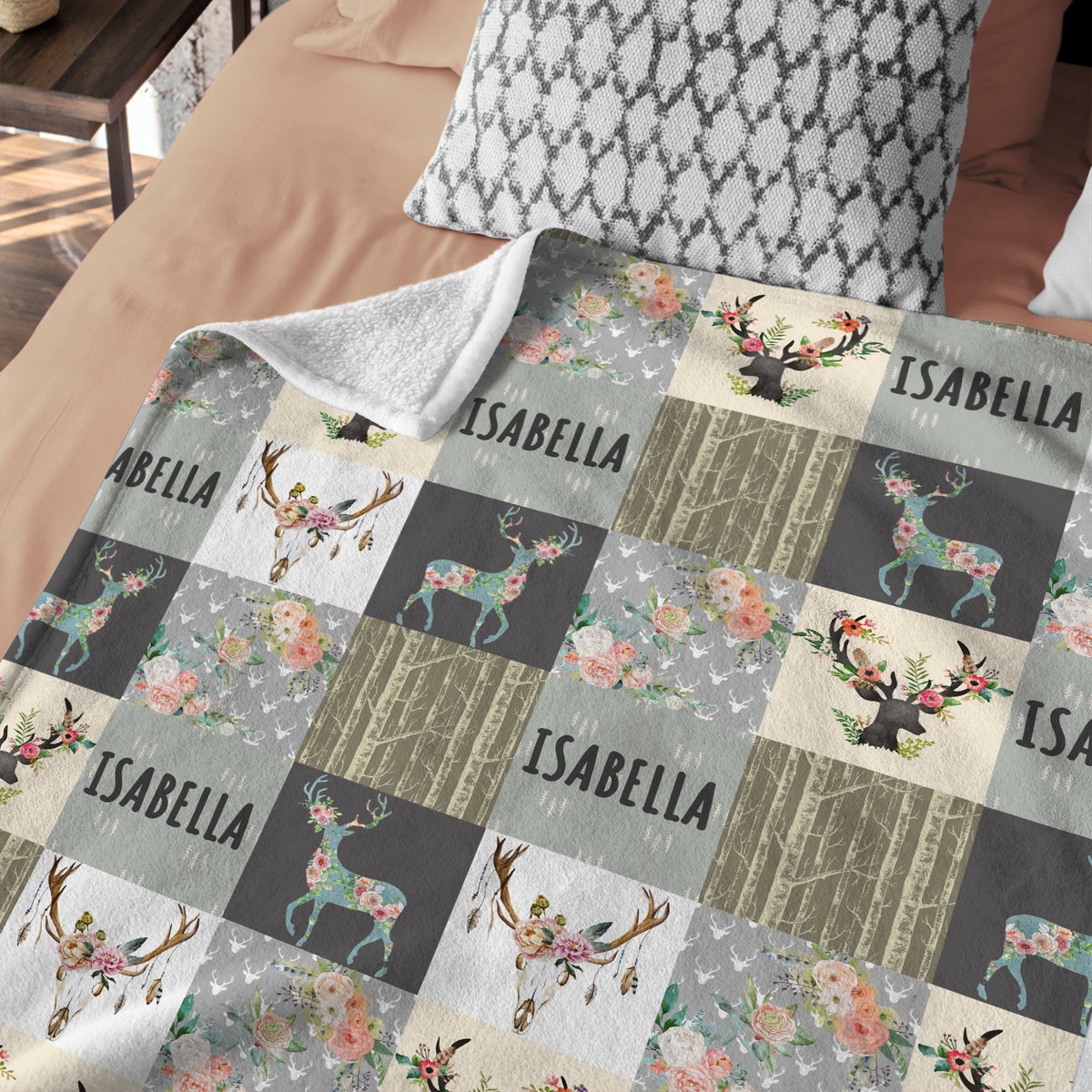 Deer Personalized Baby Blankets for Girls, Woodland Baby Blanket Name, Baby Deer Blanket, Flowers Baby Blankets, Custom Baby Blankets Name, Deer Swaddle Blanket, 3 Sizes Plush Blankets