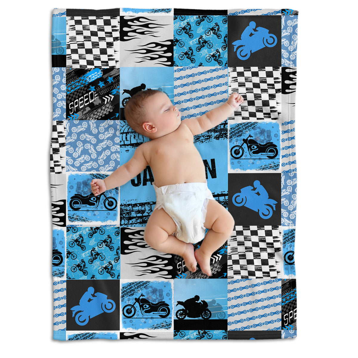 Baby Motorcycle Blanket, Motorcycle Baby Blankets, Personalized Baby Blankets for Boys, Custom Baby Blankets Name, Motorcycling Swaddle Blanket, Blue Plush Blankets for Baby Girl Son Toddlers Kids