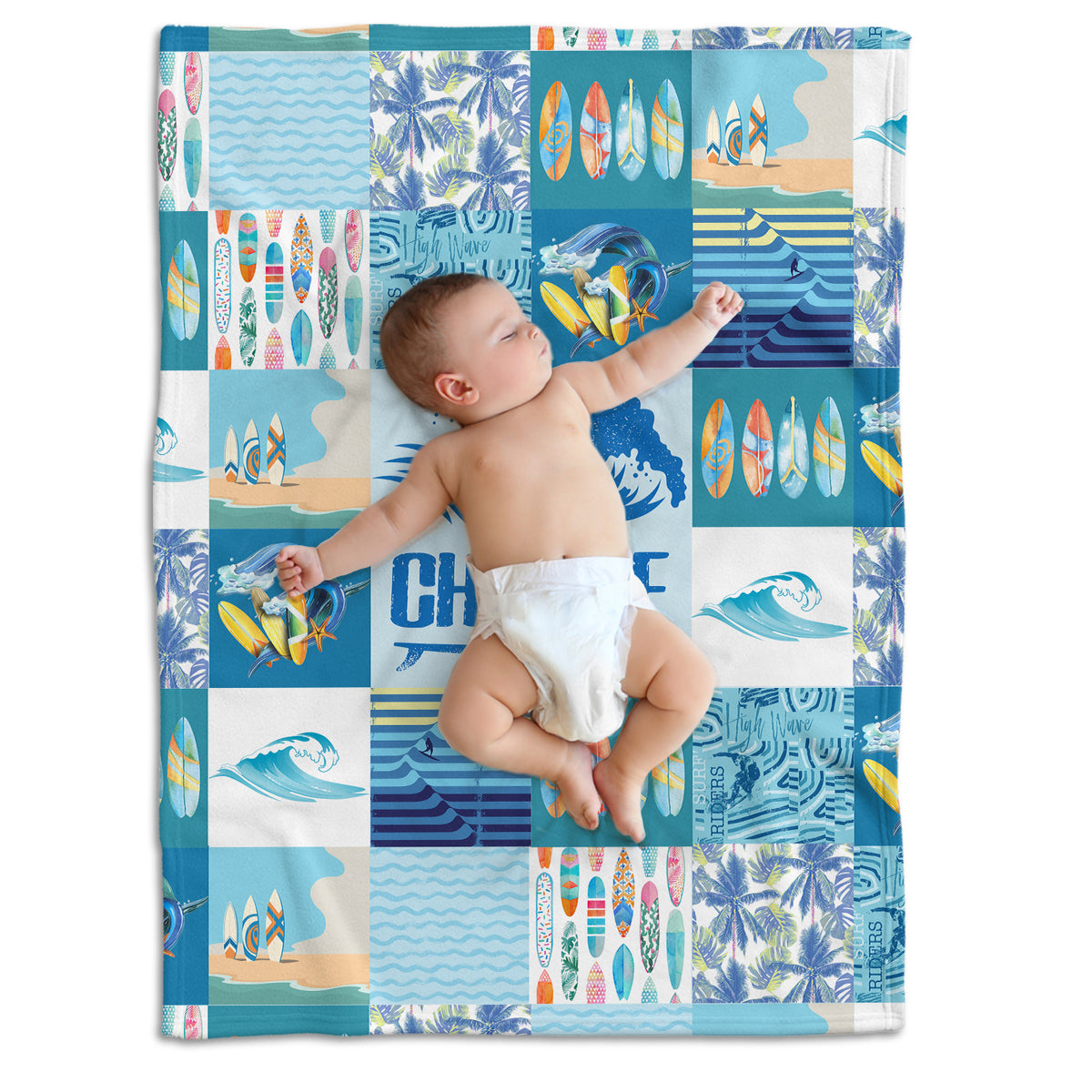 Surfer Baby Blankets, Surfboard Baby Blanket, Personalized Baby Blankets for Boys Surfing, Custom Baby Blankets Name for Girls, Beach Swaddle Blanket, Blue Plush Blankets for Newborn Toddlers Kids