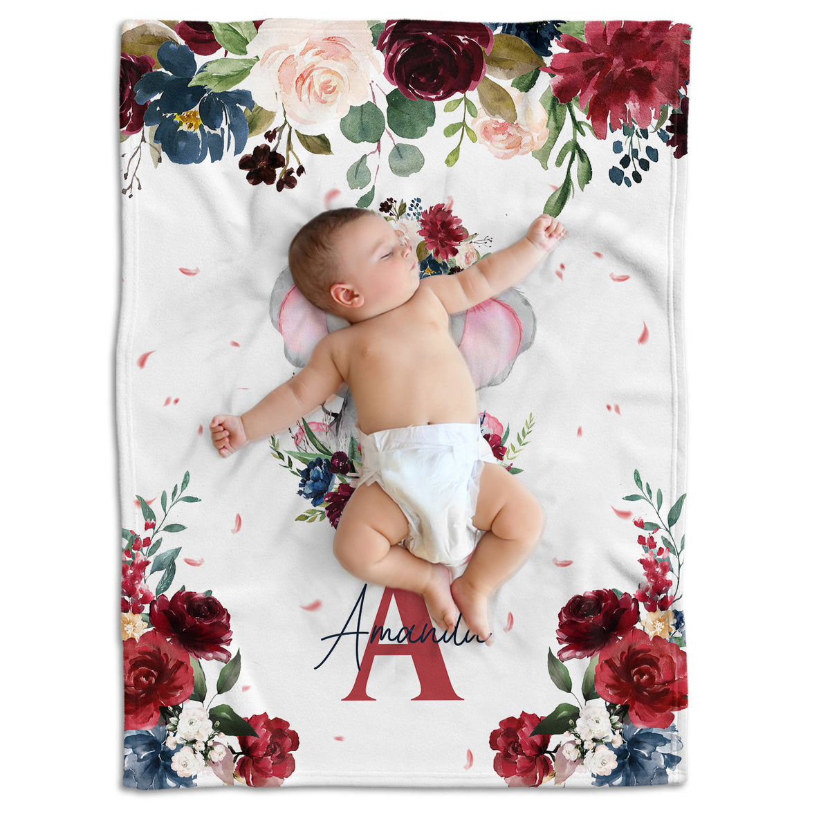 Elephant Baby Blankets, Personalized Baby Blankets for Girls, Custom Baby Elephant Blankets with Flowers, Baby Girl Swaddle Blankets, Plush Blankets for Newborn Infant Daughter Granddaughter