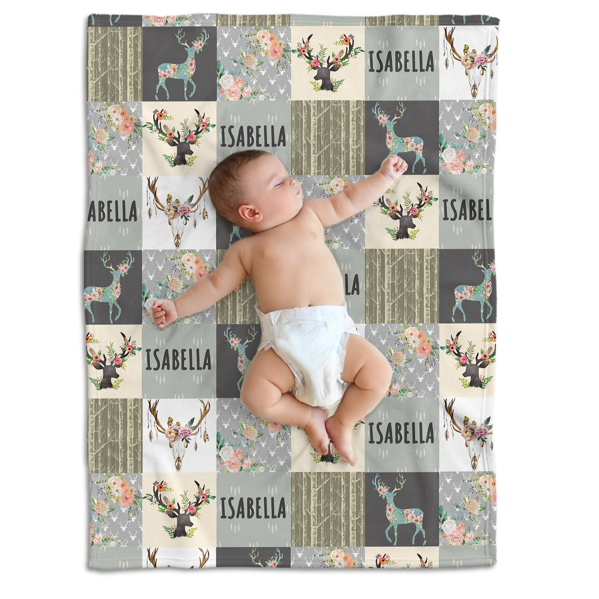 Deer Personalized Baby Blankets for Girls, Woodland Baby Blanket Name, Baby Deer Blanket, Flowers Baby Blankets, Custom Baby Blankets Name, Deer Swaddle Blanket, 3 Sizes Plush Blankets