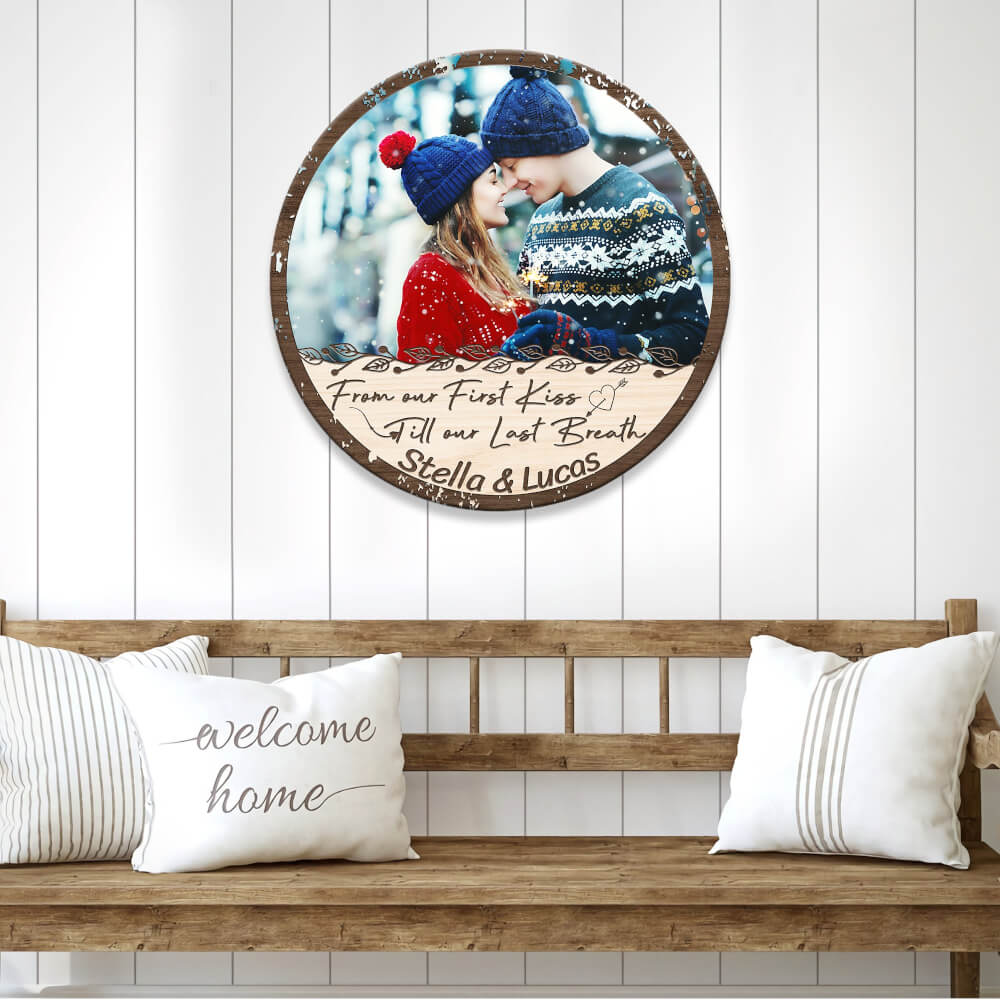 MeMate Custom Couple Photo, Name Printed Wooden Sign - Personalized From Our First Kiss Till Our Last Breath Round Rustic Wood Plaque Hanging Wall Decor for Anniversary, Newlyweds, Valentines Day