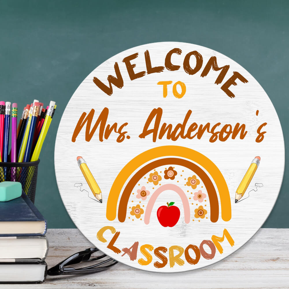 MeMate Personalized Teacher Sign, Classroom Door Wooden Sign, Personalized Teacher Name Sign for Classroom Door Decorations, Wood Custom Teacher Signs Plaque Decor with Name, Boho Rainbow Classroom Decor