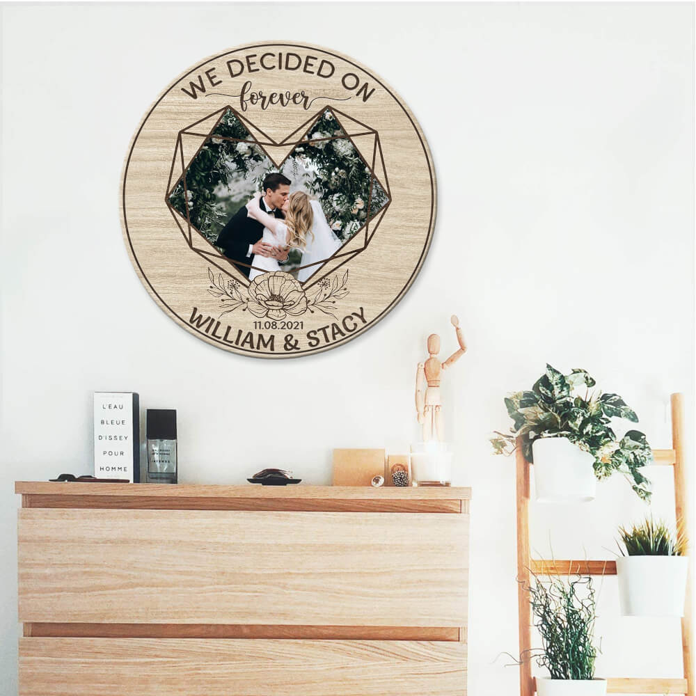 MeMate Personalized Photo, Name Wooden Couple Sign Hanging Wall Decor - We Decided on Forever Wedding Anniversary Sign