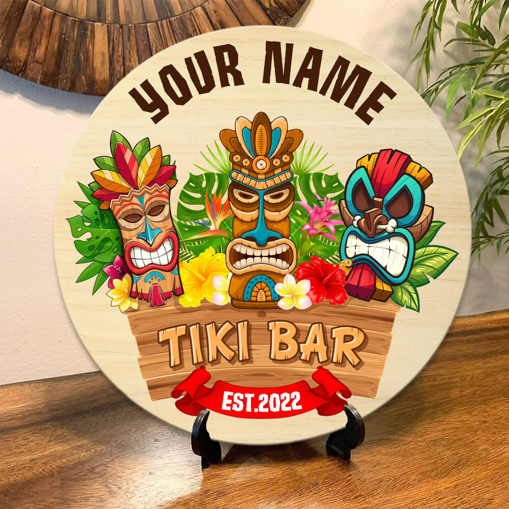 MeMate Custom Tiki Bar Sign - Personalized Wooden Name Sign for Tiki Lounge, Backyard, Patio, Beach Bar, Party Decors - Vintage Rustic Round Printed Wood Signs Wall Hanging Decorative