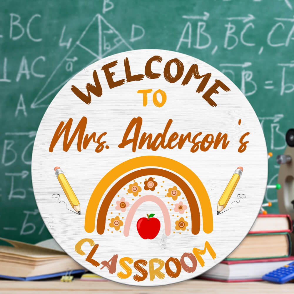 MeMate Personalized Teacher Sign, Classroom Door Wooden Sign, Personalized Teacher Name Sign for Classroom Door Decorations, Wood Custom Teacher Signs Plaque Decor with Name, Boho Rainbow Classroom Decor