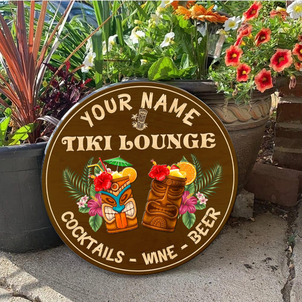 MeMate Custom Tiki Bar Sign - Personalized Wooden Name Sign for Backyard, Patio, Tiki Lounge, Beach, Party Decors - Rustic Round Printed Wood Signs Wall Hanging Decorative