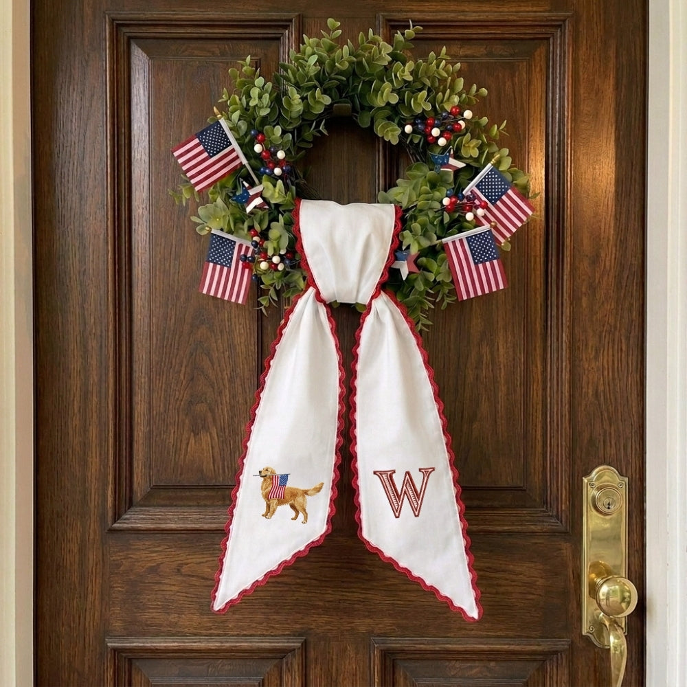 Patriotic Wreath Sash for Front Door, Golden Retriever with US Flag Door Wreath Decor, 54x5 in Personalized Initial Wreath Ribbon, Monogram Embroidered Sash for Holiday, 4th of July Wreath Sashes, Housewarming Gifts