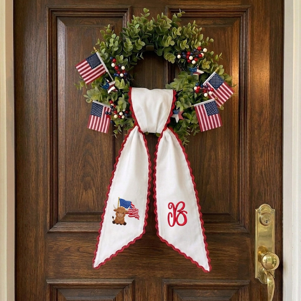 Patriotic Wreath Sash for Front Door, Highland Cow with US Flag Door Wreath Decor, 54x5 in Personalized Initial Wreath Ribbon, Monogram Embroidered Sash for Holiday, 4th of July Wreath Sashes, Housewarming Gifts