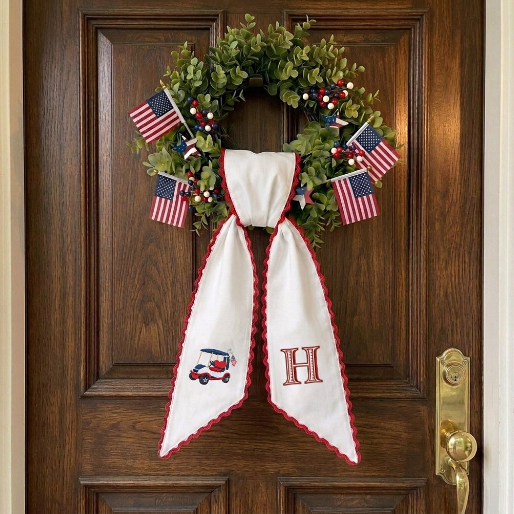 Patriotic Wreath Sash for Front Door, Golf with US Flag Door Wreath Decor, 54x5 in Personalized Initial Wreath Ribbon, Monogram Embroidered Sash for Holiday, 4th of July Wreath Sashes, Housewarming Gifts