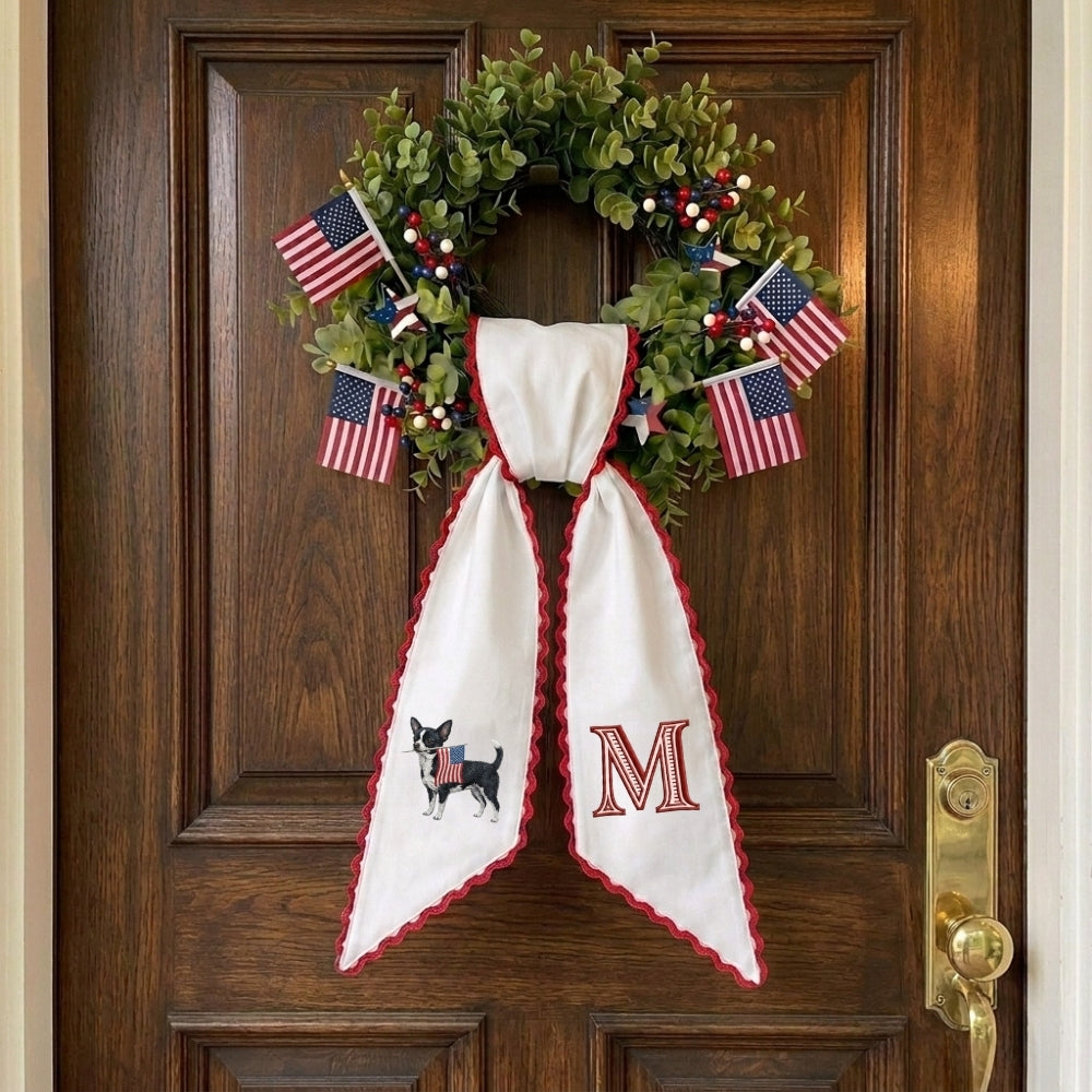 Chihuahua with US Flag Wreath Sash for Front Door, Personalized Initial Name Wreath Sash, Patriotic Wreath Sash, Monogramed Embroidered Ribbon with Adjustable Bow Knot Farmhouse Door Wreath Decor, 4th July Gift for Family Friends