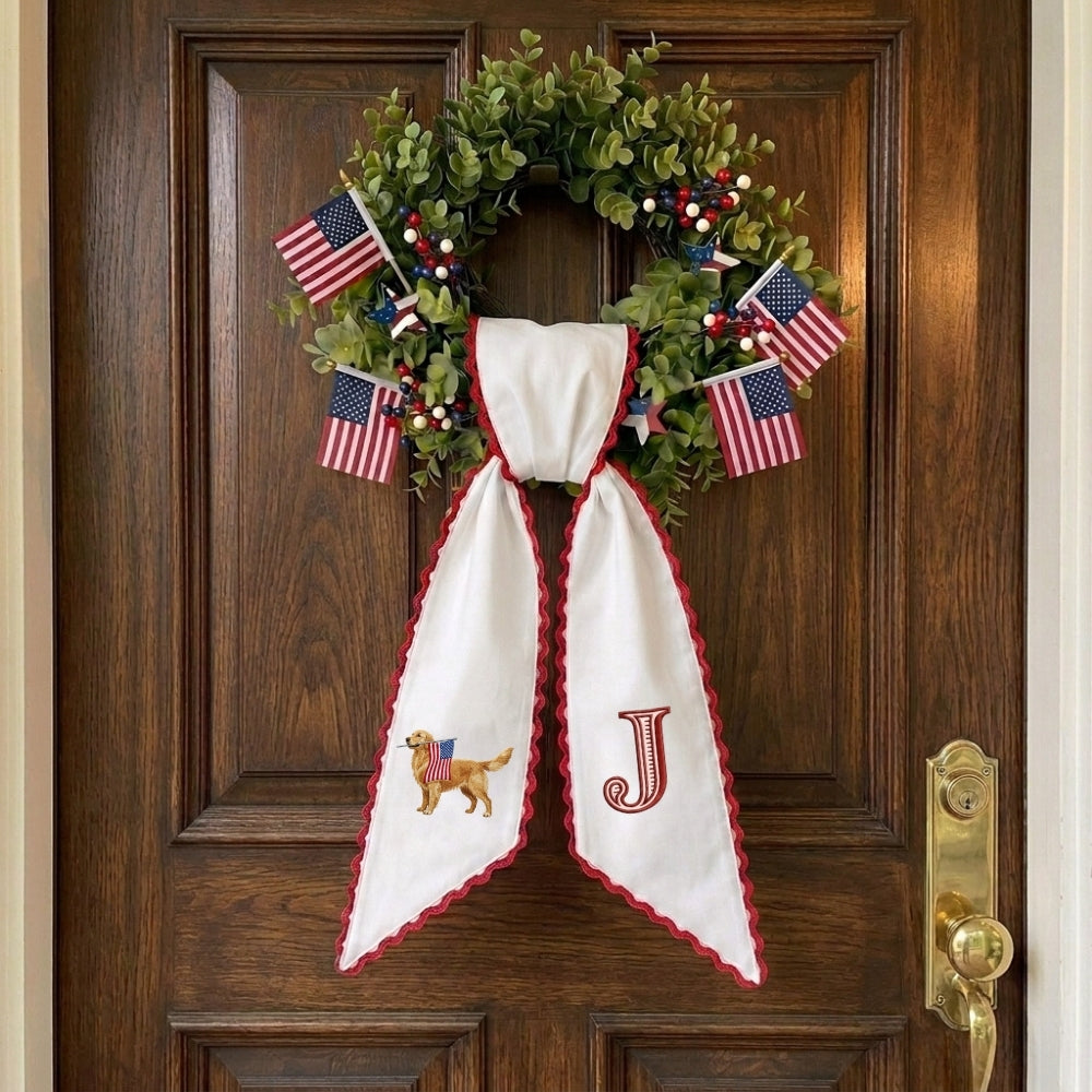 Golden Retriever with US Flag Wreath Sash for Front Door, Personalized Initial Name Wreath Sash, Patriotic Wreath Sash, Monogramed Embroidered Ribbon with Adjustable Bow Knot Farmhouse Door Wreath Decor, 4th July Gift for Family Friends