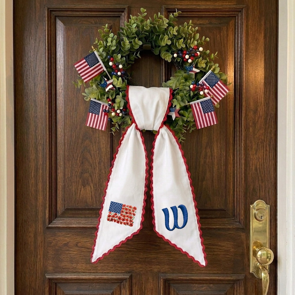 US Flag Door Wreath Decor, Patriotic Wreath Sash for Front Door, 54x5 in Personalized Initial Wreath Ribbon, Poppy Flowers Monogram Embroidered Sash for Holiday, 4th of July Wreath Sashes