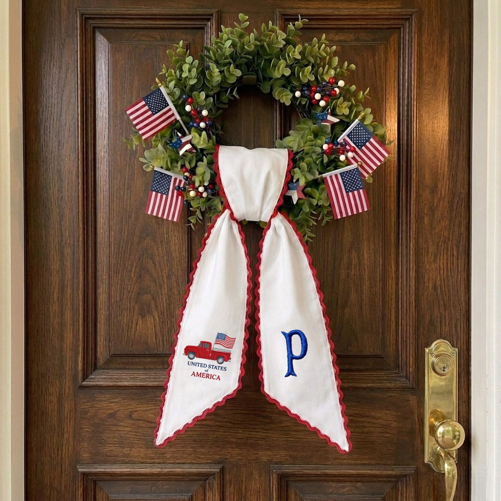 Patriotic Wreath Sash for Front Door, Red Truck US Flag Door Wreath Decor, 54x5 in Personalized Initial Wreath Ribbon, Monogram Embroidered Sash for Holiday, 4th of July Wreath Sashes, Housewarming Gifts