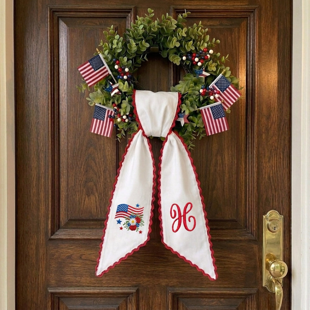 Patriotic Wreath Sash for Front Door, Red White Blue Flowers US Flag Door Wreath Decor, 54x5 in Personalized Initial Wreath Ribbon, Monogram Embroidered Sash for Holiday, 4th of July Wreath Sashes, Housewarming Gifts