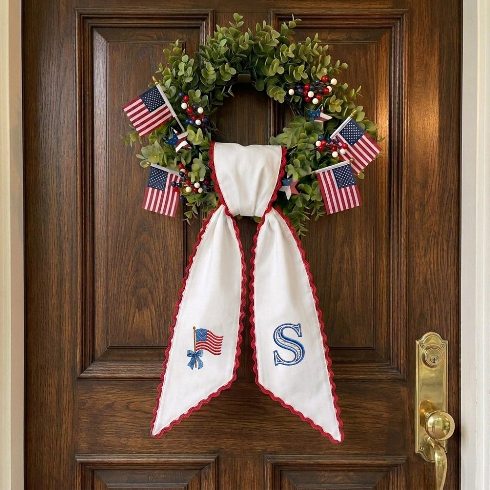 Patriotic Wreath Sash for Front Door, Bow with US Flag Door Wreath Decor, 54x5 in Personalized Initial Wreath Ribbon, Monogram Embroidered Sash for Holiday, 4th of July Wreath Sashes, Housewarming Gifts