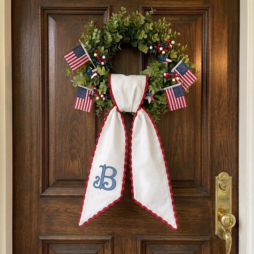 Monogram Wreath Sash Bow for Front Door, Personalized Initial Name Wreath Sash, Summer Wreath Sash, Monogramed Embroidery Ribbon with Adjustable Bow Knot Farmhouse Door Wreath Decor, Housewarming Gift for Family Friends
