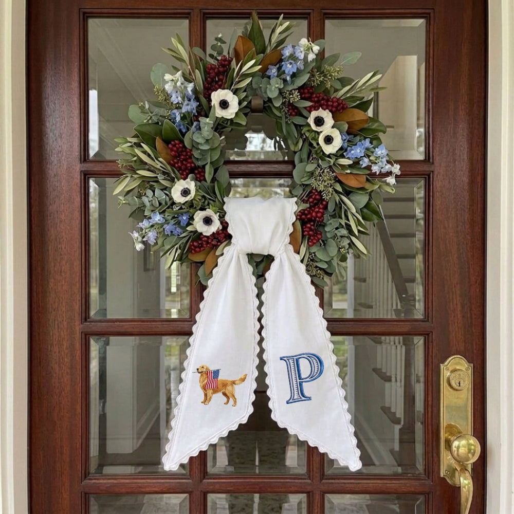 Golden Retriever with US Flag Wreath Sash for Front Door, Personalized Initial Name Wreath Sash, Patriotic Wreath Sash, Monogramed Embroidered Ribbon with Adjustable Bow Knot Farmhouse Door Wreath Decor, 4th July Gift for Family Friends