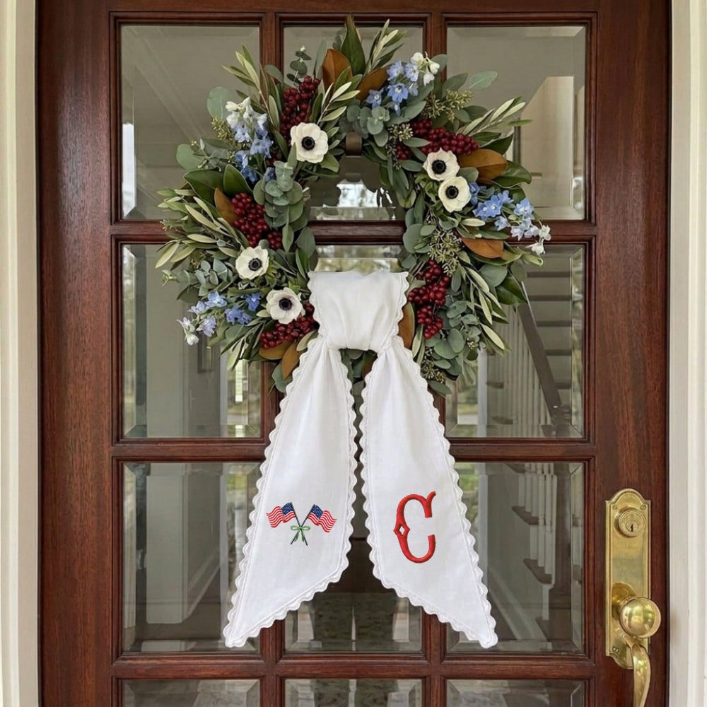 Patriotic Wreath Sash for Front Door, US Flag With Bow Door Wreath Decor, 54x5 in Personalized Initial Wreath Ribbon, Monogram Embroidered Sash for Holiday, 4th of July Wreath Sashes, Housewarming Gifts