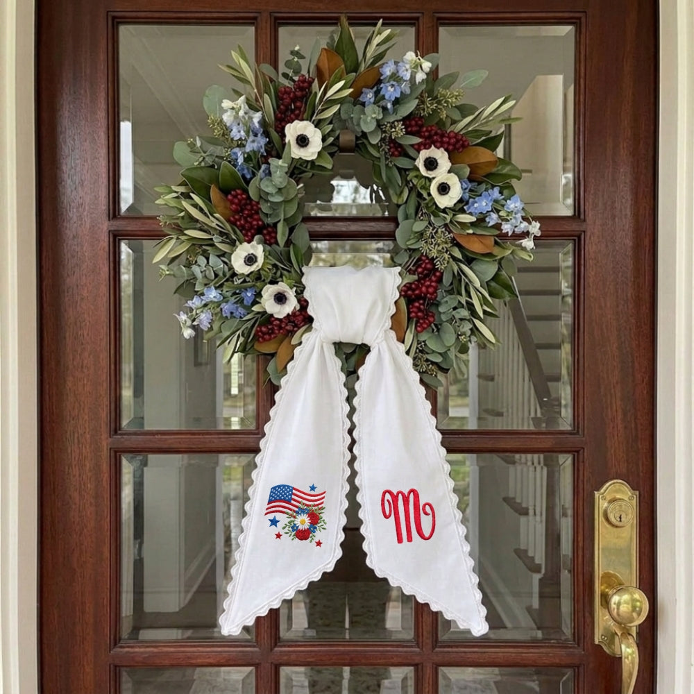 Patriotic Wreath Sash for Front Door, Red White Blue Flowers US Flag Door Wreath Decor, 54x5 in Personalized Initial Wreath Ribbon, Monogram Embroidered Sash for Holiday, 4th of July Wreath Sashes, Housewarming Gifts